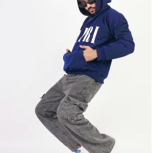Navy Hoodie & Washed Gray Cargo Jeans Set