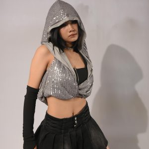 Silver Sequin Crop Top & Black Mini Skirt Set