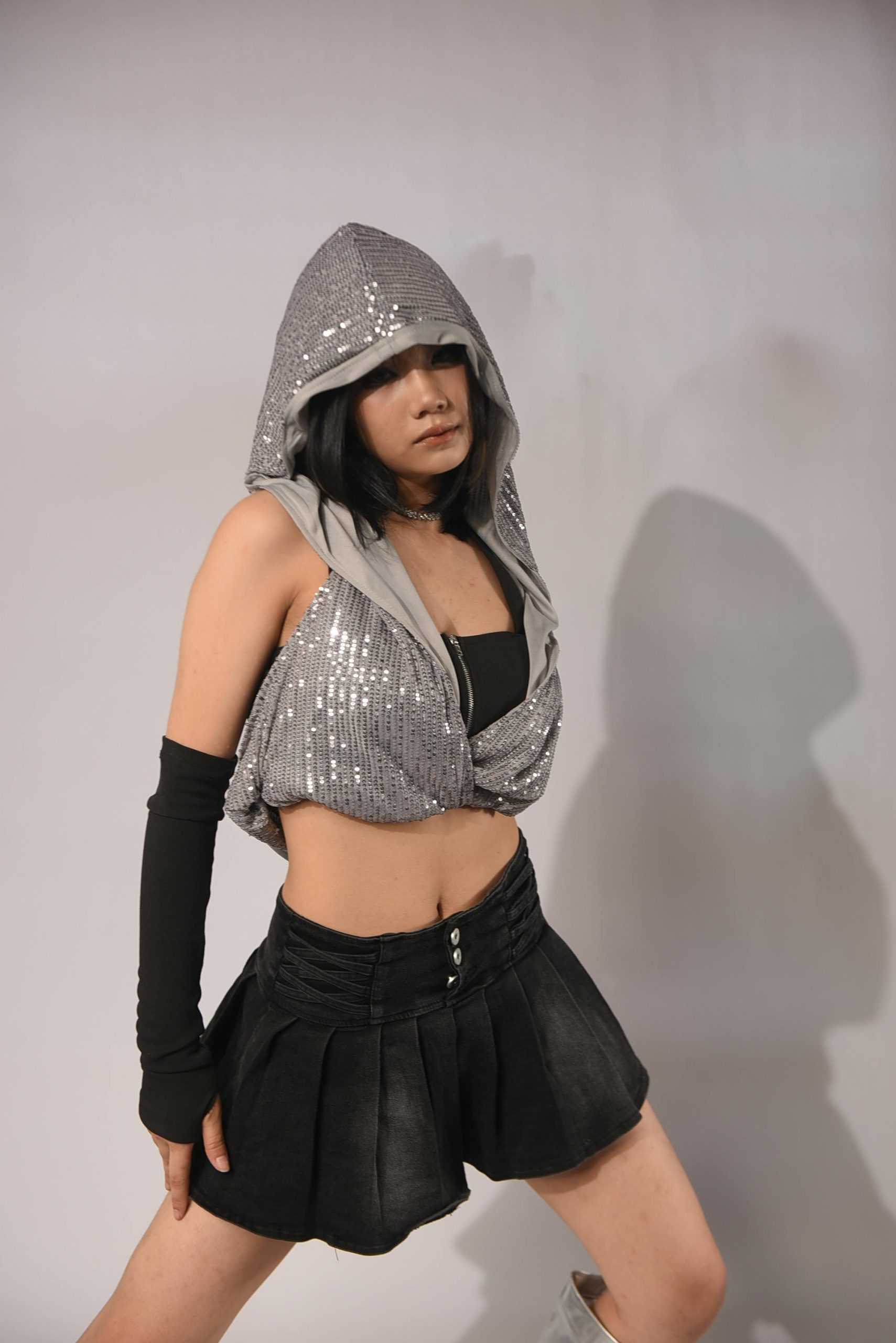 Silver Sequin Crop Top & Black Mini Skirt Set - Image 2