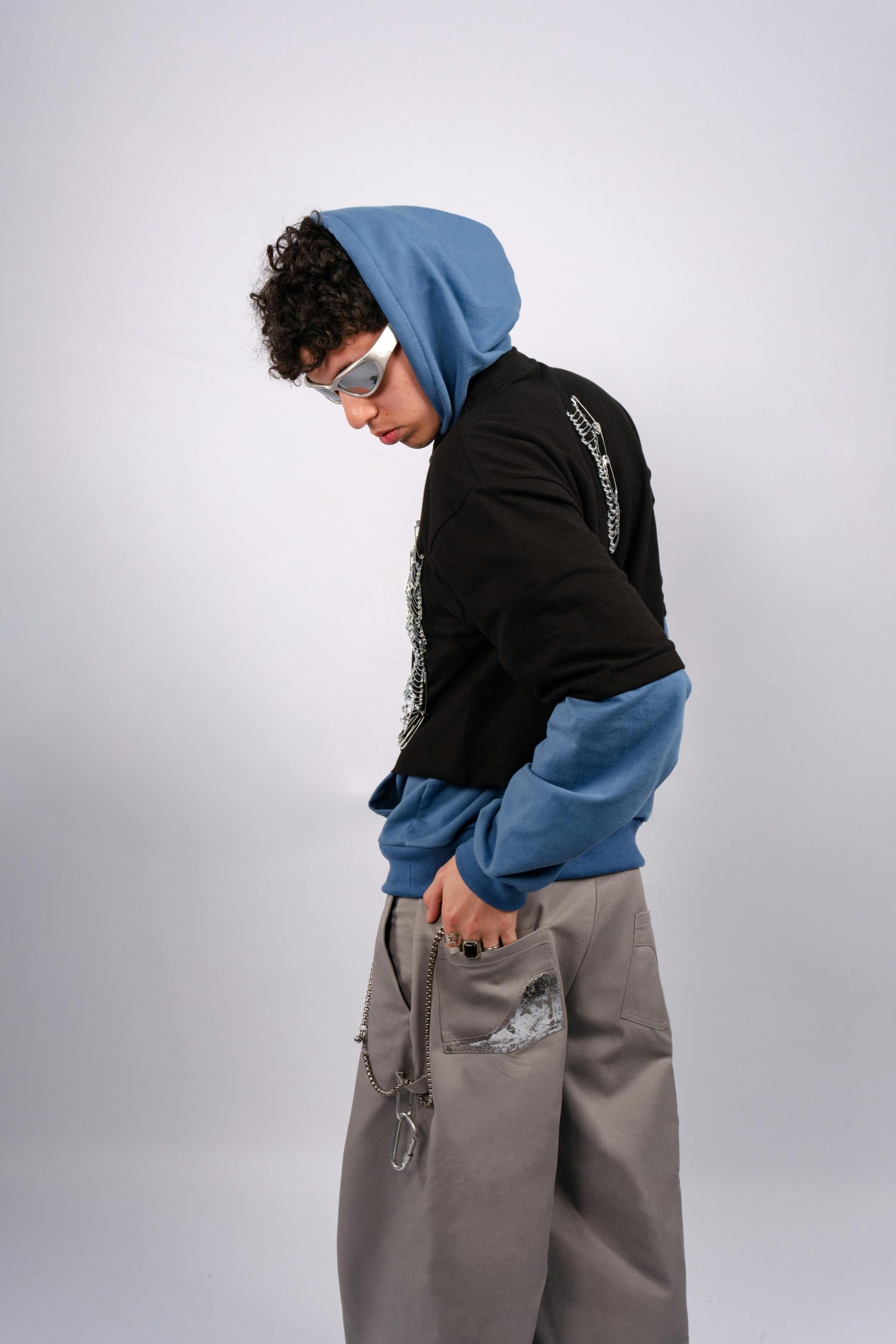Blue Hoodie Streetwear Layered Outfit with Cargo Pants